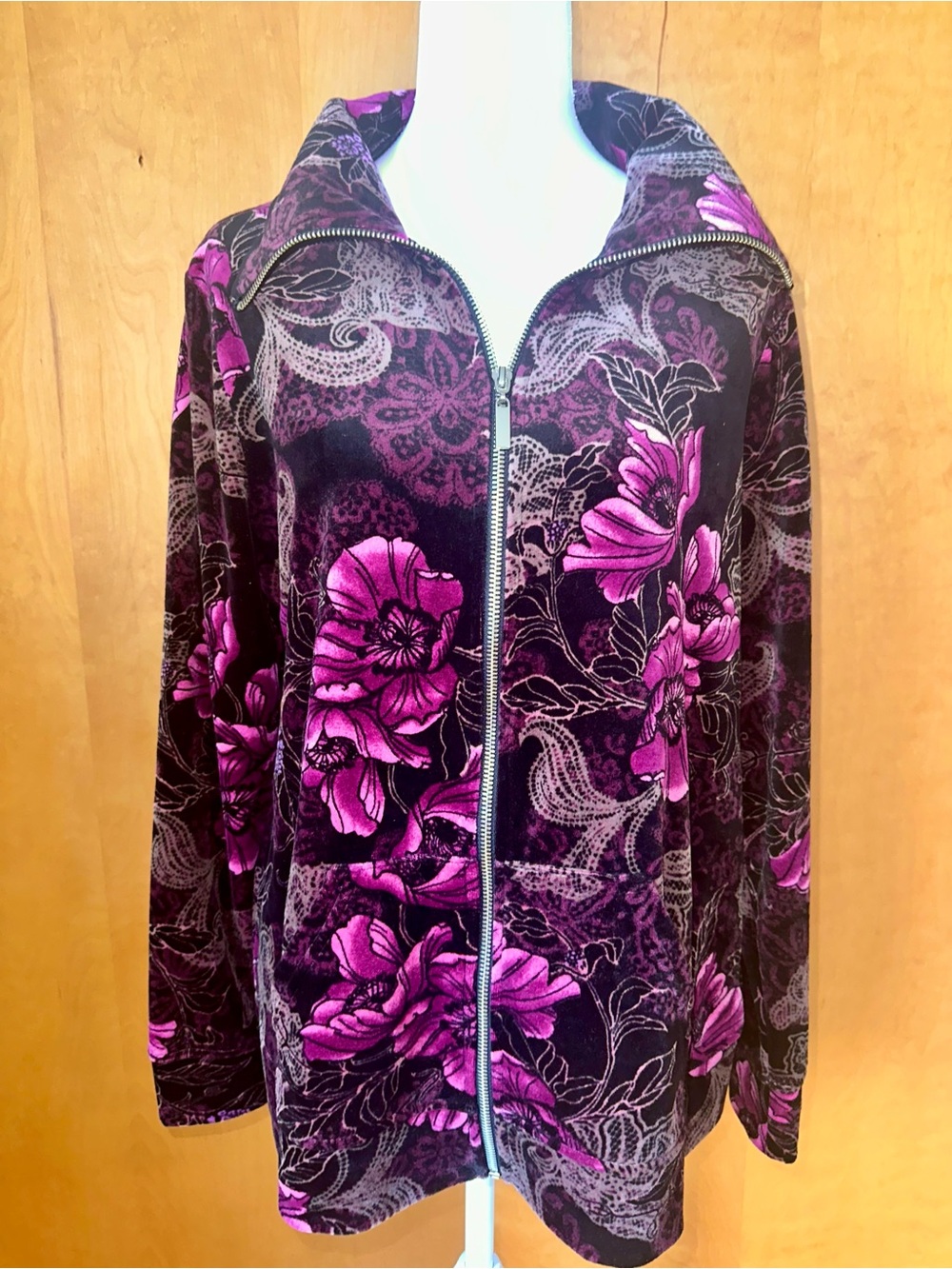Karen Scott Velvet Zip Floral Jacket in Purple and Black